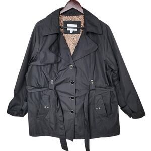 Fashion Bug Black Trench Coat Jacket 1X Plus Size Leopard Lining Belted Raincoat